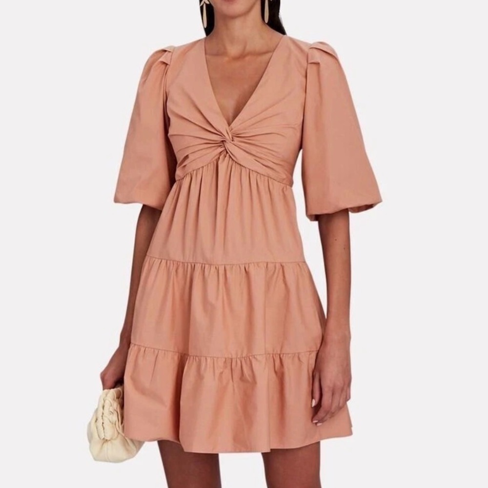 Intermix Twist Front Tiered Mini Dress Puff Sleeve 100% Cotton Tan Size 8